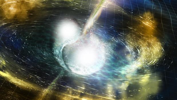 Representación de la fusión de dos estrellas de neutrones. Hasta ahora, se han captado las ondas gravitacionales de estas y de las fusiones de parejas de agujeros negros
