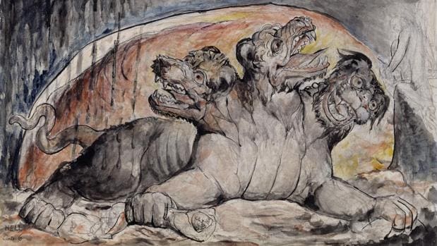 Cerbero, el perro guardián del inframundo griego con tres cabezas, pintado por William Blake