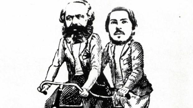 Caricatura de Marx y Engels sobre un tÃ¡ndem