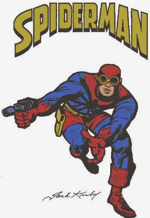 Este es el primer diseño de Spiderman que dibujó Jack Kirby. Por suerte Ditcko lo cambió