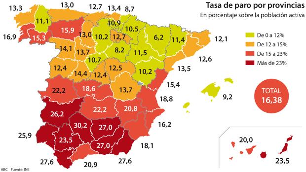 Resultado de imagen de mapa paro en espaÃ±a 2018 ine