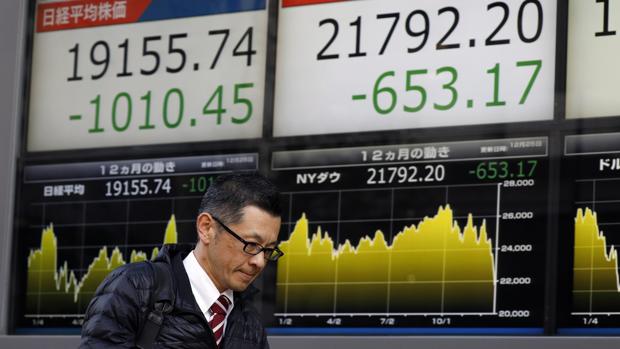 Un peatón pasa frente a un tablero indicador del mercado de valores en Japón