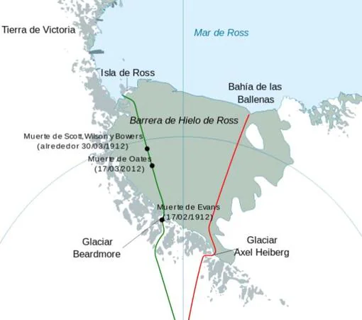 Las rutas seguidas por Scott (verde) y Amundsen (rojo)