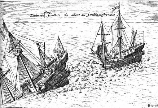 Ilustración de 1603 que refleja el hundimiento del galeón San Diego en el año 1600