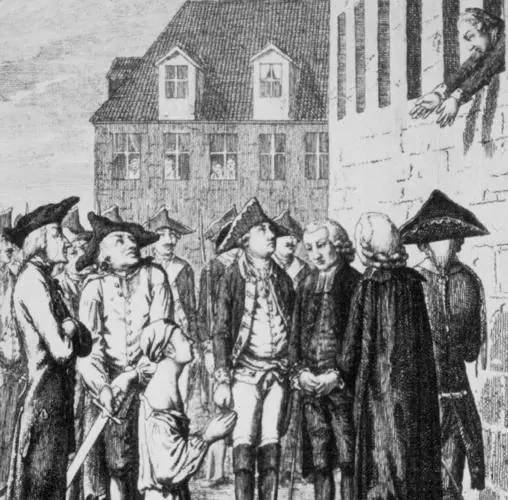 Ilustración de la ejecución de Von Katte, con Federico asomado a la ventana de su celda