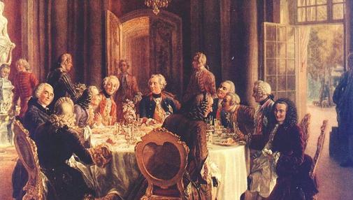 La corte del rey Federico junto al duque Hermman von Fernand y Voltaire.