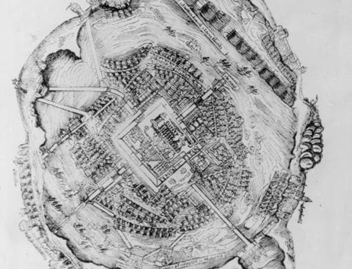 Plano de la ciudad de Tenochtitlan, de un grabado de madera de la edición de las cartas de Cortés al emperador CArlos V, impresa en Nurenberg en 1524