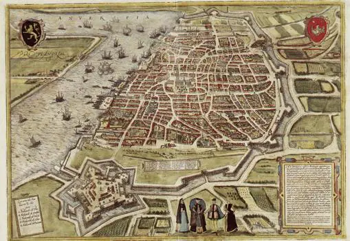 El plano de Amberes, hacia 1571, rodeado de agua