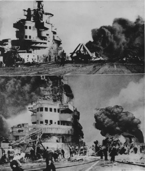 Dos interesantes fotografías de la guerra en aguas del pacífico, en las que pueden contemplarse los efectos del ataque de un avión suicida japonés contra un portaaviones británico