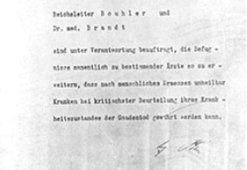 La autorización de Adolf Hitler para el programa de Eutanasia (Operación T4), firmada en octubre de 1939, pero fechada el 1 de septiembre de 1939