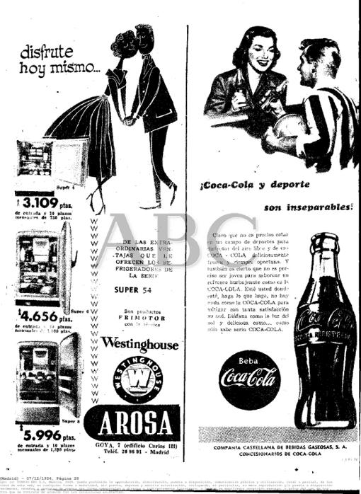 Uno de los primeros anuncios de Coca-Cola en España. Anuncio publicado en el periódico ABC el 07/12/1954