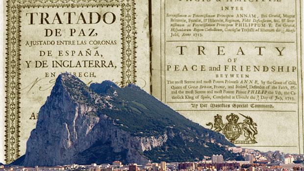 Portada del Tratado de Utrecht, de 1713, junto a una imagen del peÃ±Ã³n de Gibraltar