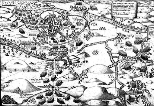 El asedio y batalla de Kinsale, 1601. El campamento de Lord Deputy está en el centro a la izquierda de la imagen