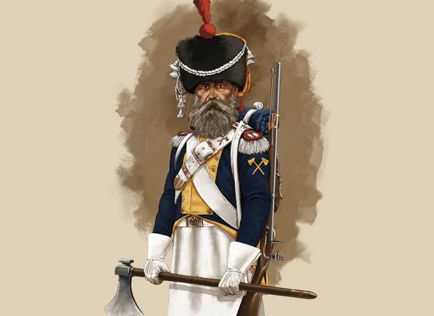 Zapador del Regimiento de Fusileros de la Guardia Real. Ilustración de Dionisio Álvarez Cueto