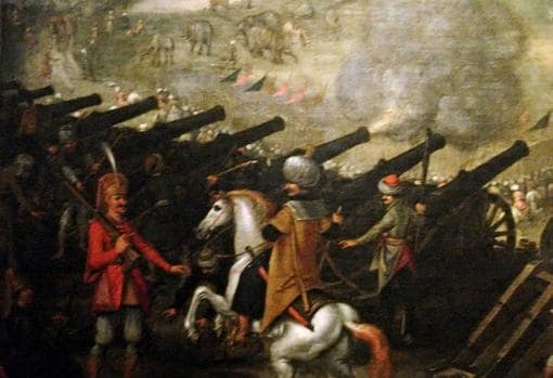 Batería de cañón en el asedio de Esztergom 1543