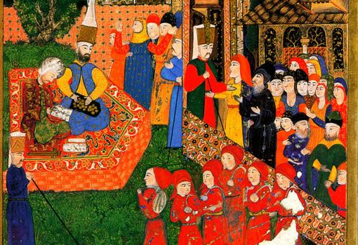 Miniatura otomana del Suleymanname, 1558, con los jóvenes jenízaros vestidos de rojo
