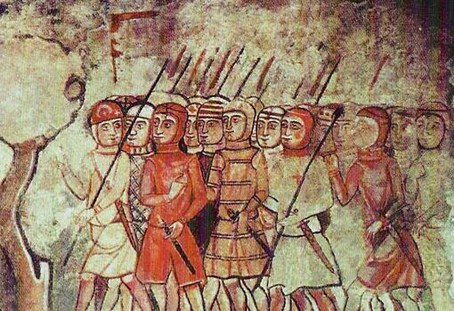 Pintura medieval de tropas mercenarias en la conquista de Mallorca