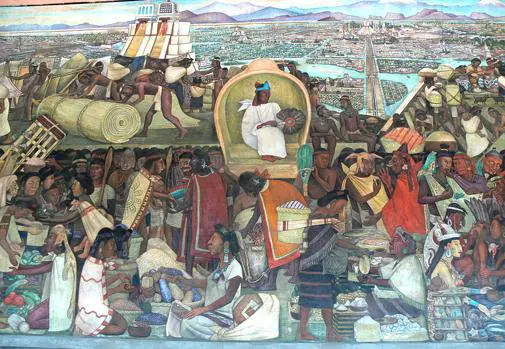 Vista de México-Tenochtitlan desde el mercado de Tlatelolco, mural de Diego Rivera.