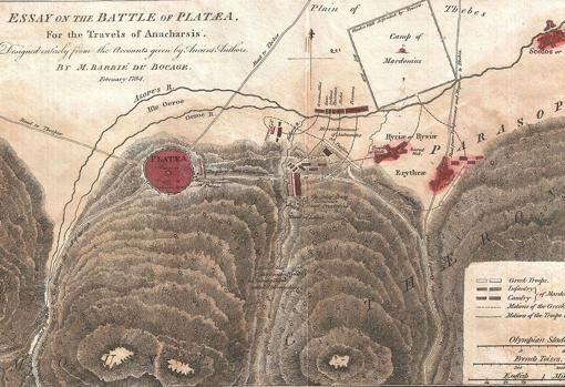 Mapa de la batalla de Platea elaborado en 1784 por el cartógrafo Jean-Denis Barbié du Bocage. En color oscuro se ve el monte Citerón