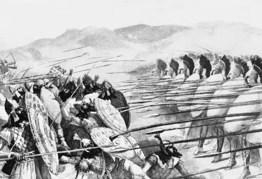 Persas (izq.) y espartanos luchando en Platea. Ilustración del siglo XIX de John Steeple Davis
