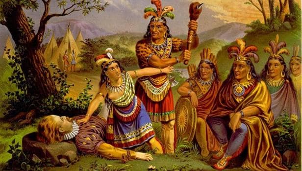 Representación de Pocahontas salvando a John Smith, expuesto en la Biblioteca del Congreso de EE.UU.